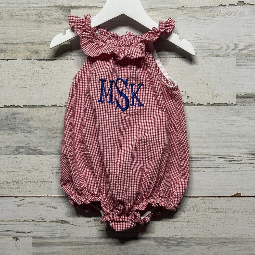 Bailey Boys Bubble Romper Girls 18m Red Gingham MSK Monogram Preppy EUC
